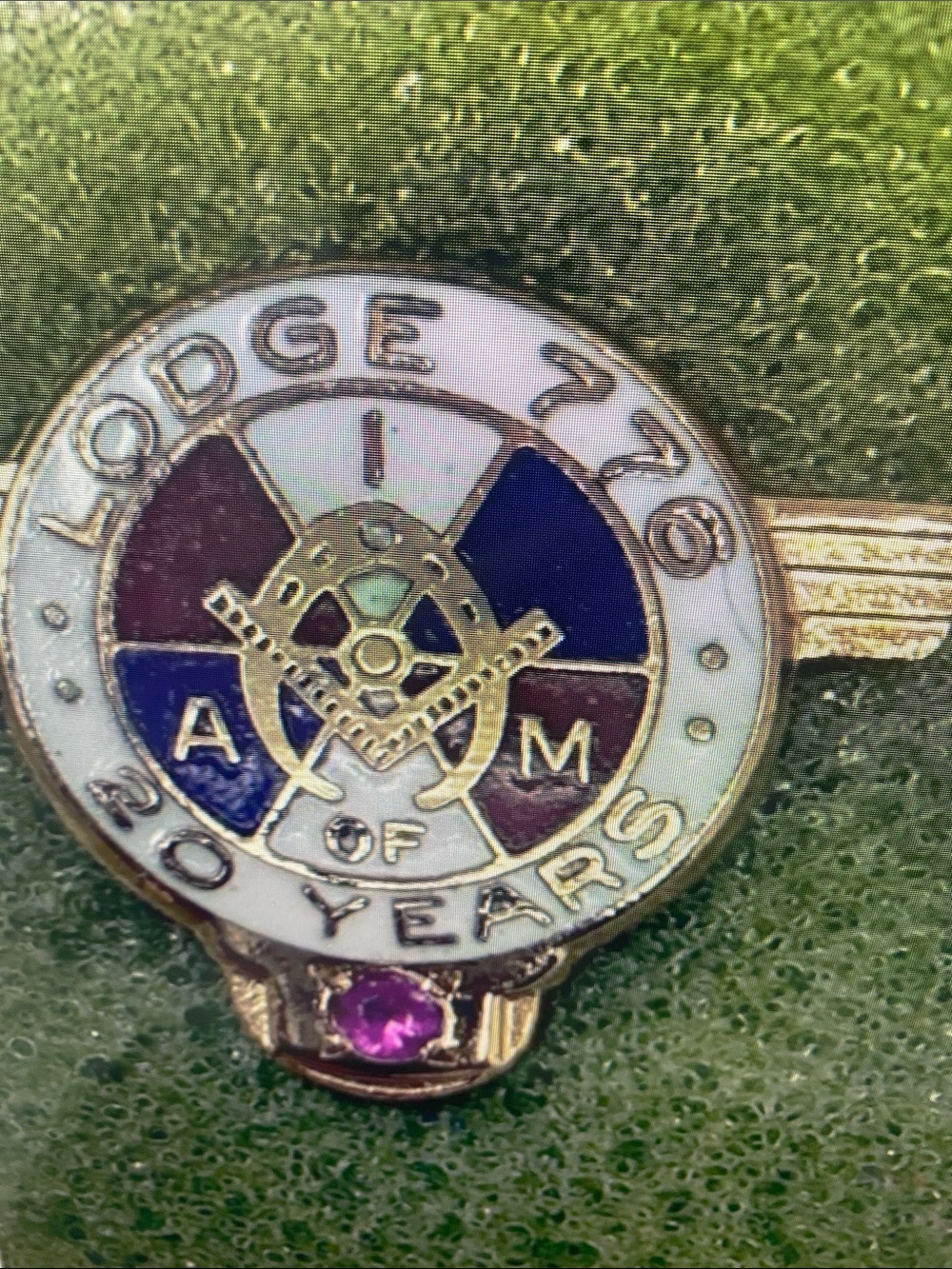 Masonic Lodge 20 Years Enamel Tie Bar with Purple Gem